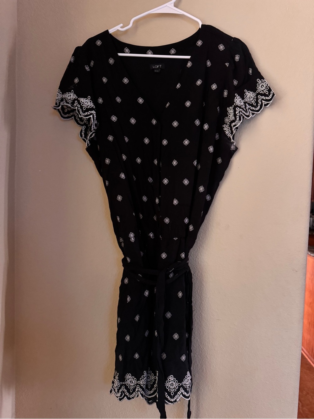 Loft Black Short Sleeve V-Neck Romper with White Embroidered Detail - Picture 2 of 3